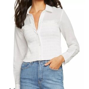 Veronica Beard Emerson Smocked Cotton Button-Up Shirt in White.  Size
